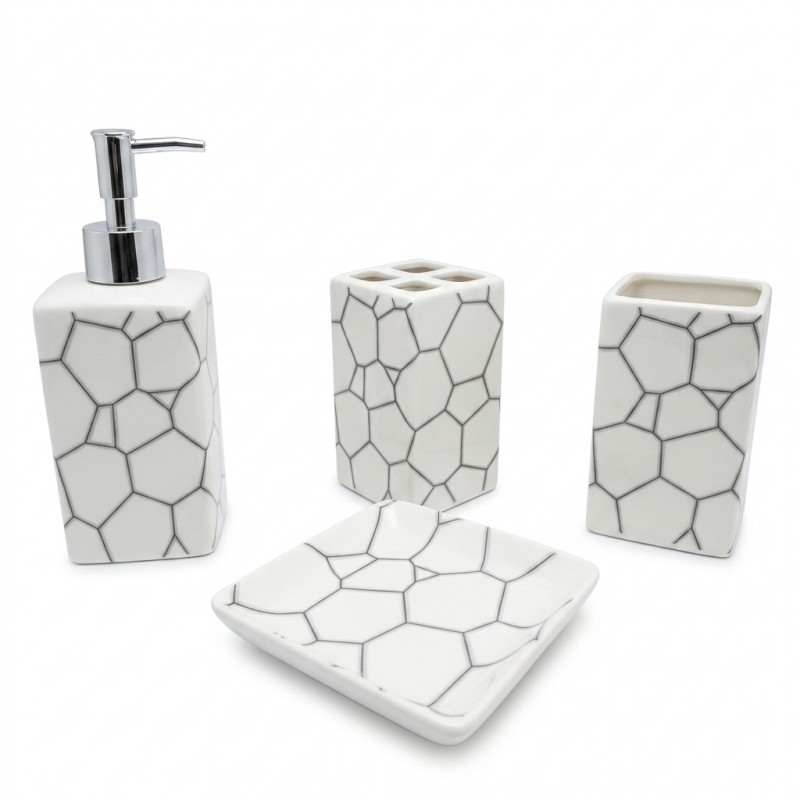 Set baie 4 piese ceramica alb dozator sapun suport periute pahar savoniera Adison